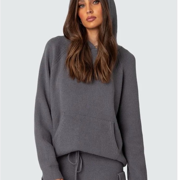 Edikted Sweaters - Edikted Gray Knit Hoodie Wynter Sweater Hoodie